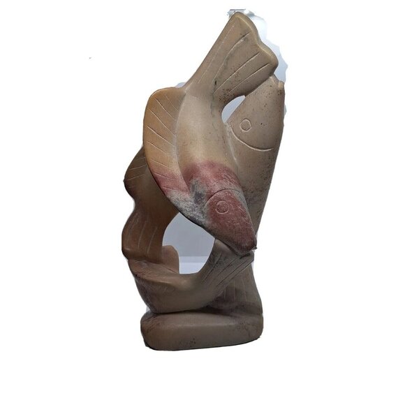 Vtg Hand Carved Soapstone Sculpture Fish Jumping Red Beige 8" X 4" Fishing Trout - Picture 1 of 5